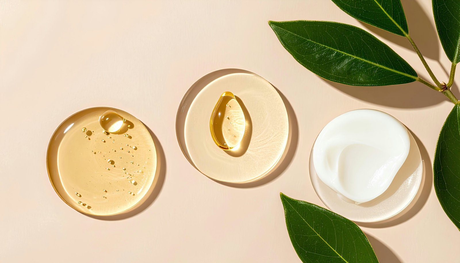Serum, facial oil and moisturiser textures with green leaves